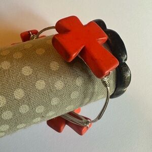 Silver and Orange Cross Beaded Bracelet